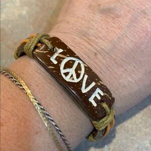 Leather coconut shell corded bracelet peace